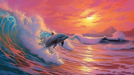 Dolphin in tropical waters against the backdrop of sunset, regenerative AI