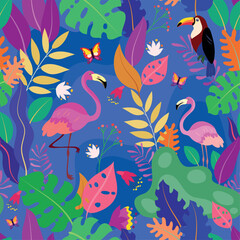 Tropical wildlife design, seamless pattern with flamingo, toucan and exotic plants leaves.