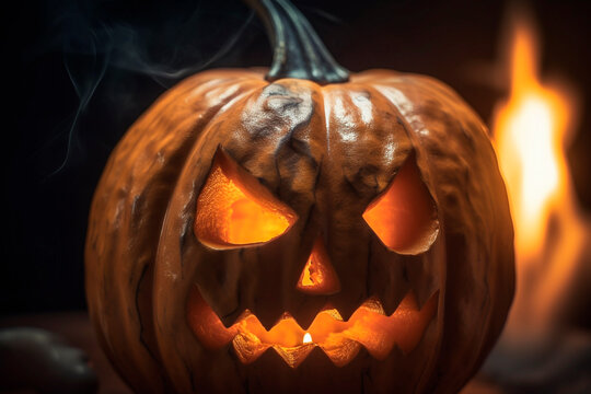Generative AI illustration of Halloween pumpkin with carved spooky jack o lantern and burning candle inside placed near fire