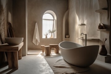Eclectic Designer Bathroom Blending Natural Colors, Boho Scandinavian, and Japandi Aesthetics.