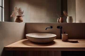 Fototapeta na wymiar Calming Bathroom with Natural Color Palette, Combining Boho Scandinavian Elements and Japandi Influence.
