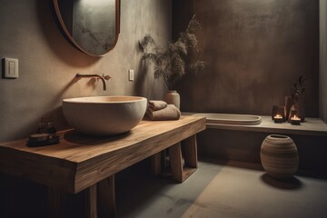 Obraz na płótnie Canvas Calming Bathroom with Natural Color Palette, Combining Boho Scandinavian Elements and Japandi Influence.