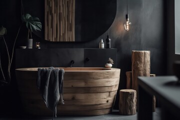 Chic Designer Bathroom with Japandi Design, Freestanding Bathtub, and LED Lighting in a Stunning 3D Render.