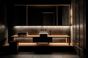 Tranquil Designer Bathroom with Boho Design Elements, Freestanding Bathtub, and LED Lighting.