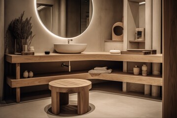 Tranquil Designer Bathroom with Boho Design Elements, Freestanding Bathtub, and LED Lighting.