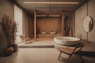 Naklejka na ściany i meble Chic Designer Bathroom with Boho Scandinavian Charm, Freestanding Bathtub, and LED Lighting.