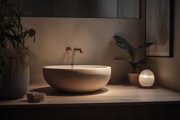 Chic Designer Bathroom with Boho Scandinavian Charm, Freestanding Bathtub, and LED Lighting.