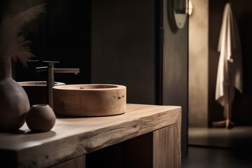 Close-up Details of a Stylish Bathroom, Merging Japandi Simplicity with an LED-lit Freestanding Tub.