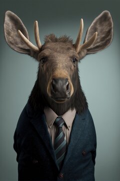 Portrait of baby moose in a business suit. Generative AI