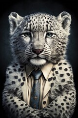 Fototapeta premium Portrait of baby snow leopard in a business suit. Generative AI