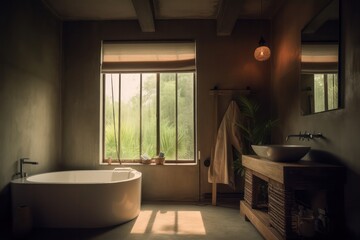 Fototapeta premium Close-up Details of an Elegant Bathroom, Fusing Boho Design, Natural Light, and Double Vanity....