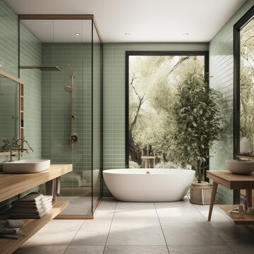 A Glamorous Designer Bathroom with Luxurious Freestanding Bathtub and LED Lighting..