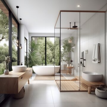 Exquisite Designer Bathroom with LED Lighting, Luxurious Elements, and a Stunning Freestanding Bathtub..