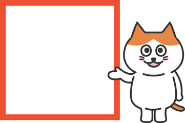 The cartoon orange tabby cat informs useful news with a blank sign. Vector illustration.