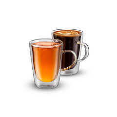 Two glass cups of tea and coffee isolated on white backgound