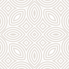 Fototapeta Subtle vector geometric seamless pattern. Abstract linear ornament texture with curved shapes, lines, flower silhouettes, leaves, repeat tiles. Minimal white and beige background. Elegant geo design obraz