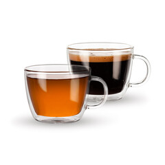 Two glass cups of tea and coffee isolated on white backgound