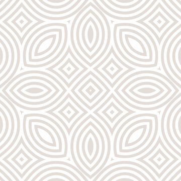 Subtle vector geometric seamless pattern. Abstract linear ornament texture with curved shapes, lines, flower silhouettes, leaves, repeat tiles. Minimal white and beige background. Elegant geo design