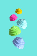 Colorful ice cream cones on blue background. Minimal summer food concept.