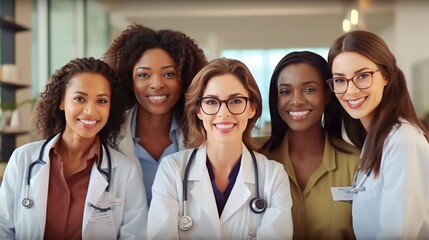 Fototapeta premium Portrait group of diverse Female Physicians Doctors together, Generative AI