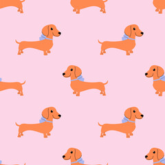 Dachshund on a pink background. Seamless vector pattern with a dog. Cute endless ornament.