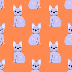 Vector french bulldog on orange background. Seamless pattern with a dog.