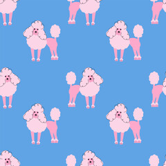 Pink poodle on a blue background. Seamless dog pattern.
