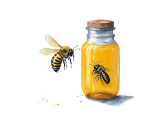 Watercolor jar with honey and honeycomb isolated on a white background illustration. Generative AI