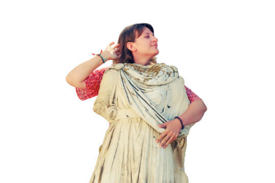 woman in the background of an antique Roman statue on the ruins of Carthage, isolated on a white background