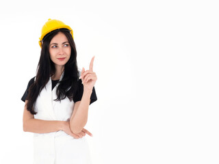 Caucasian professional engineer woman use finger to show No 1 of construction site development quality service isolated on white background
