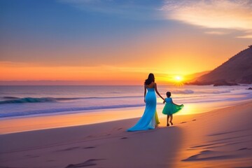 Fototapeta premium Mother and Little Daughter on the Beach at Sunset-3