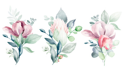 Set of illustrations of watercolor flower bouquet - pale pink, green, pink flower, green leaf leaves, branches of bouquets collection. Wedding stationery, congratulations, wallpapers, backgrounds