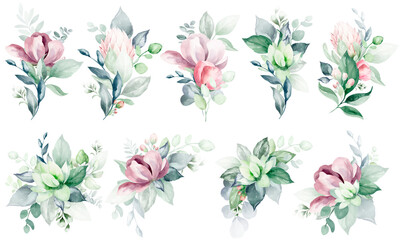 Set of illustrations of watercolor flower bouquet - pale pink, green, pink flower, green leaf leaves, branches of bouquets collection. Wedding stationery, congratulations, wallpapers, backgrounds