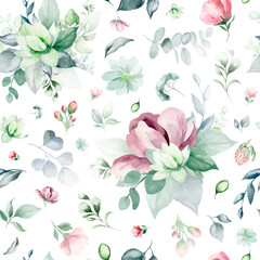 seamless floral watercolor pattern with garden pink flowers, leaves, branches. Botanical tiles, background. eucalyptus, peony, rose.