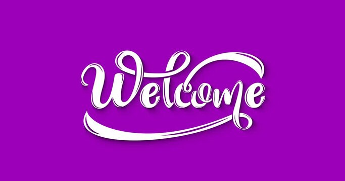 Welcome animation. Handwritten text with ink splash effect motion graphic on the purple screen alpha channel. Animated welcome
