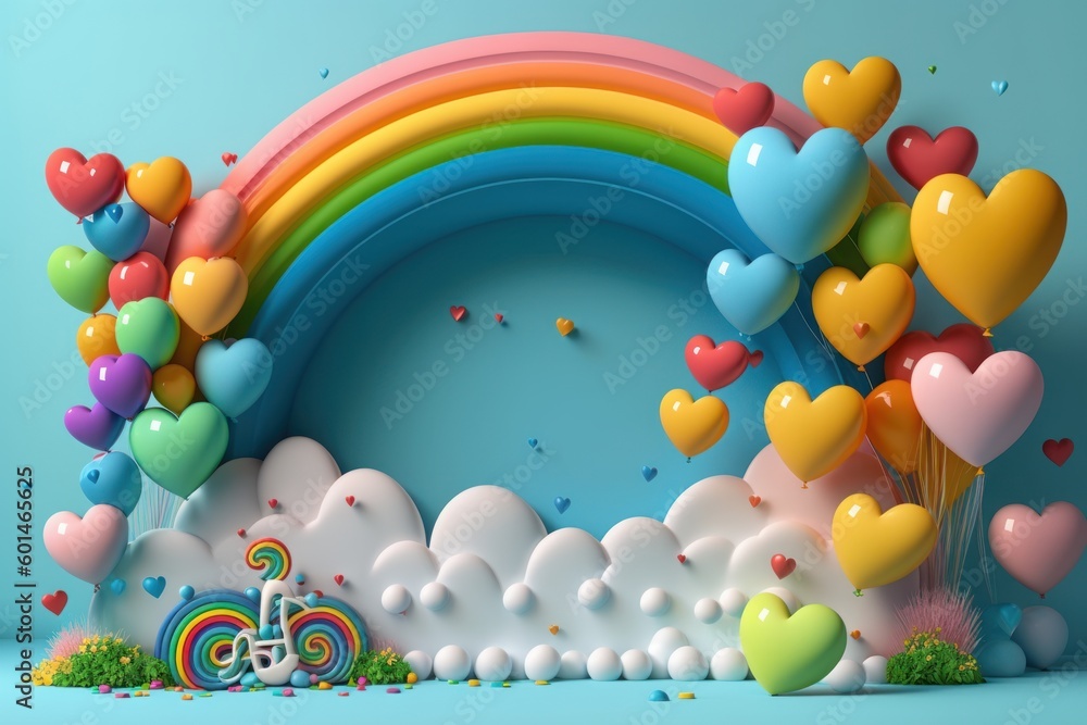 Poster generative ai render of valentine's day background with rainbow and balloons.