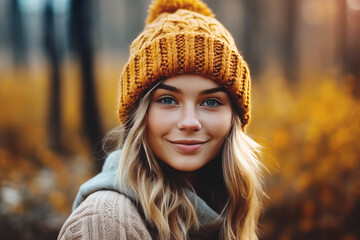 Portrait of a young beautiful woman with long blonde hair and knitted hat in autumn forest