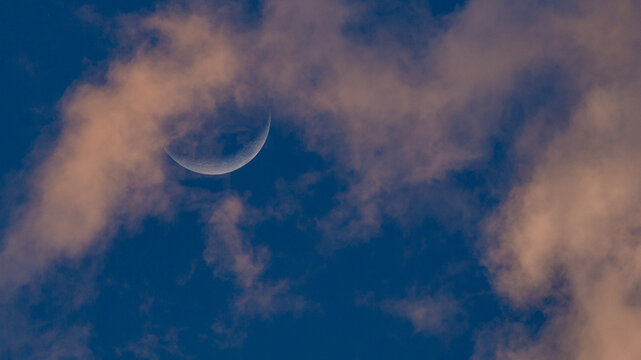 The crescent moon near sunset with blue sky and wispy pink hued clouds. Beautiful skyscape above the Sonoran Desert. A sliver of the moon with fluffy cloudscapes.