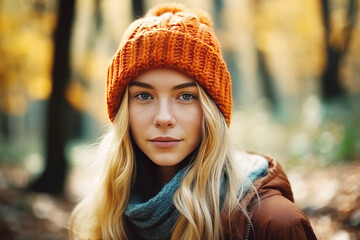 Portrait of a young beautiful woman with long blonde hair and knitted hat in autumn forest