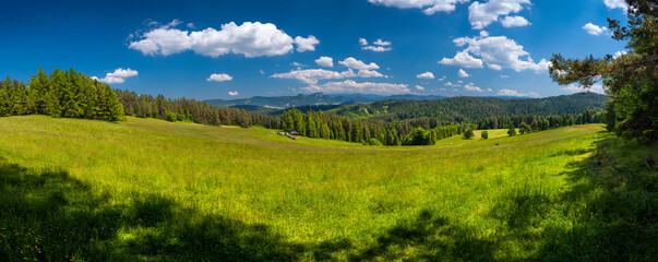 Bacówka nad Kacwinem i okolice. Panorama pięknych pól i lasów na tle gór i błękitnego nieba.  © rogozinski