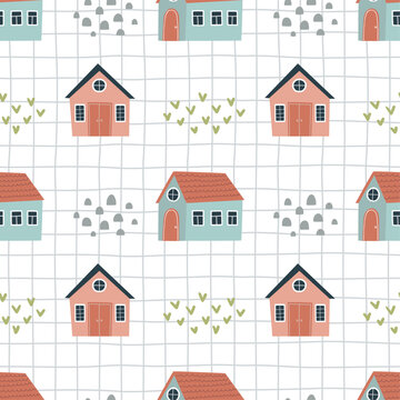 Pattern with cute houses for children's design. Hand drawn vector illustration.