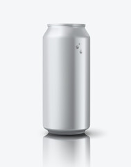 Blank aluminium 500 ml beer can with droplets on wet table. 3d vector mockup