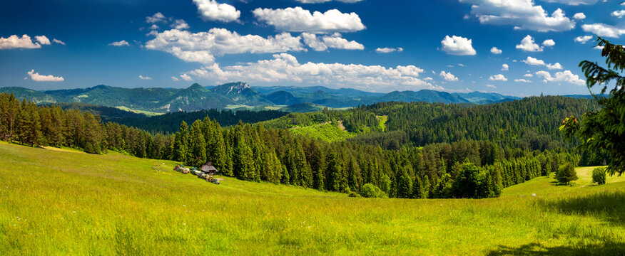 Bac&oacute;wka nad Kacwinem i okolice. Panorama pięknych p&oacute;l i las&oacute;w na tle g&oacute;r i błękitnego nieba. 