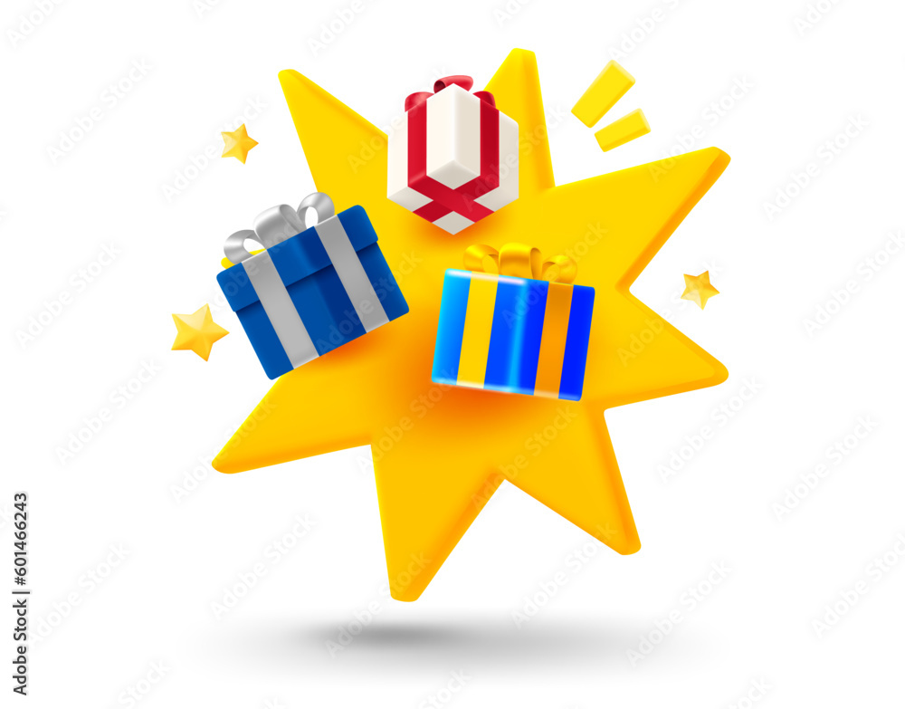 Poster Holiday presents with explosion effect. 3d vector mobile application icon with notification