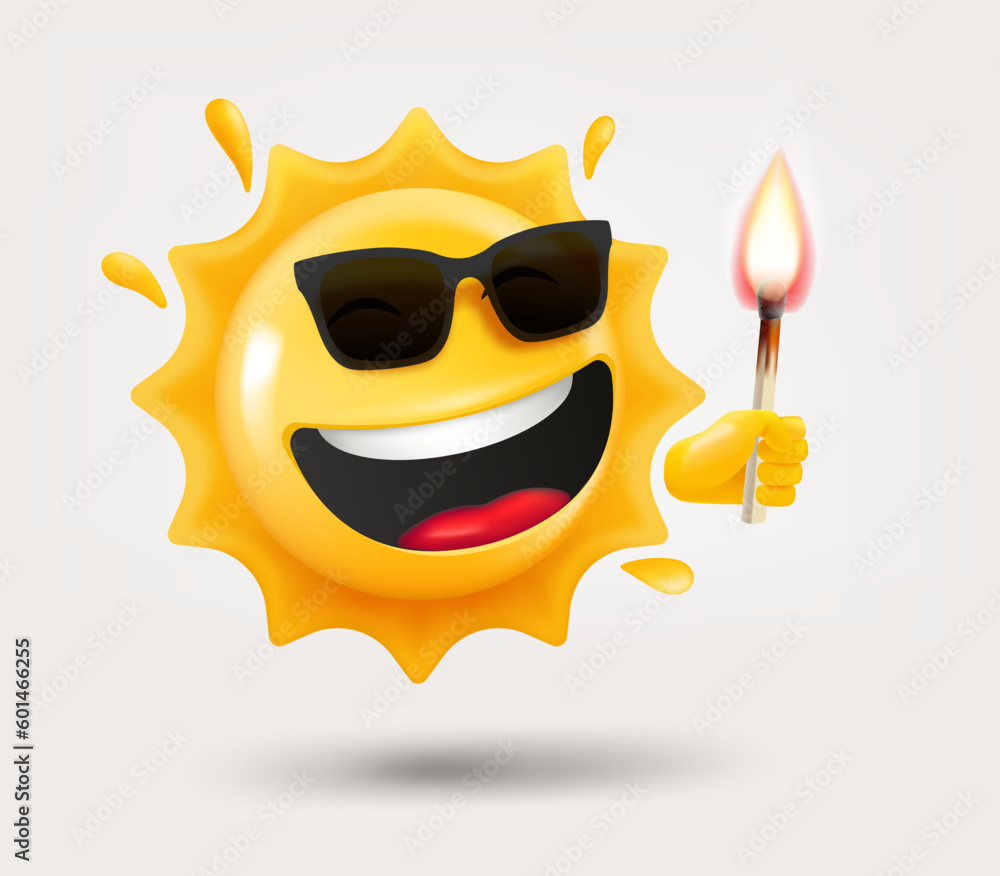 Aufkleber happy sun emoji with flaming match in a hand. 3d vector isolated on white background