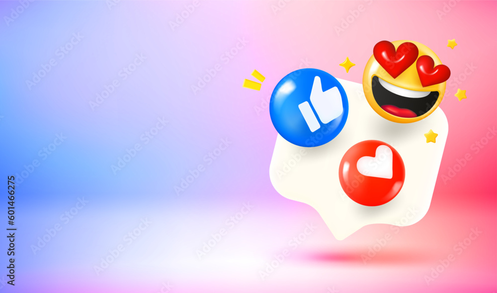 Poster chat bubble with social media reactions. 3d vector banner with copy space