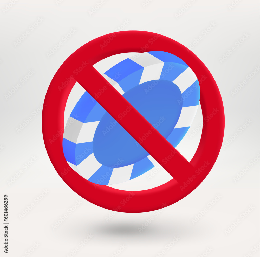 Poster casino chip in red circle with crossed line. 3d vector icon