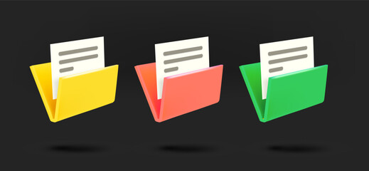Different color folder icons collection. 3d vector isolated on black background