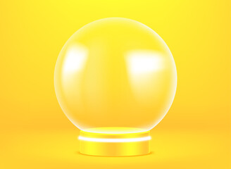 Transparent glass sphere on golden background. 3d vector illustration