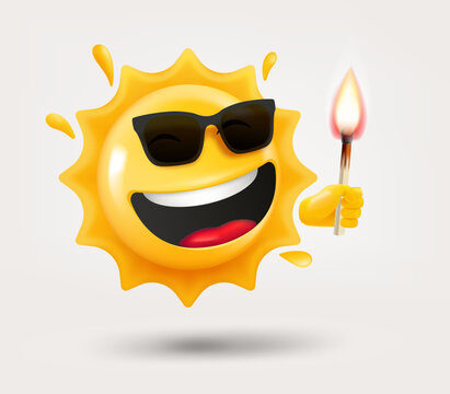 Happy sun emoji with flaming match in a hand. 3d vector isolated on white background